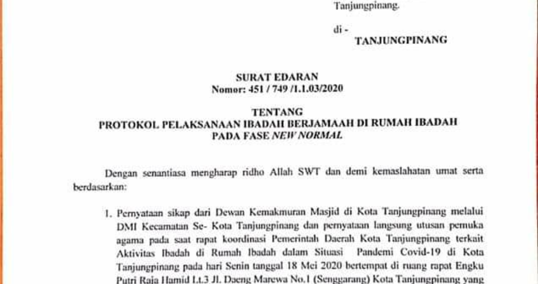 Pemko Tanjungpinang Terbitkan Surat Edaran Protokol Pelaksanaan Ibadah Fase New Normal