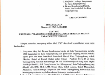Pemko Tanjungpinang Terbitkan Surat Edaran Protokol Pelaksanaan Ibadah Fase New Normal
