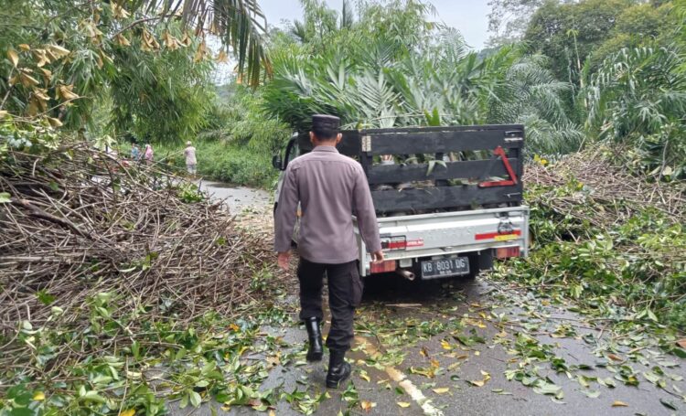 Personil Polsek Sungai Betung Bersama Masyarakat Bersihkan Pohon Tumbang Yang Menutup Jalan Raya