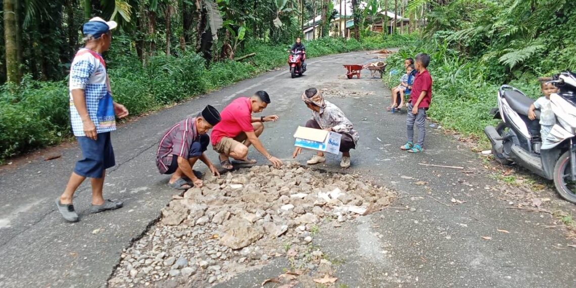 Jalan Rusak Lombang-Lobang “Pemerintah Hadir Saat Kampanye Saja” Warga Goro Tambal Jalan Seadanya