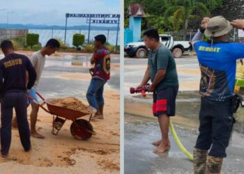 Pegawai Dishub K. Lingga Gotong Royong Bersihkan Tumpukan Tanah Di Halam Parkir Pelabuhan Roro Penarik