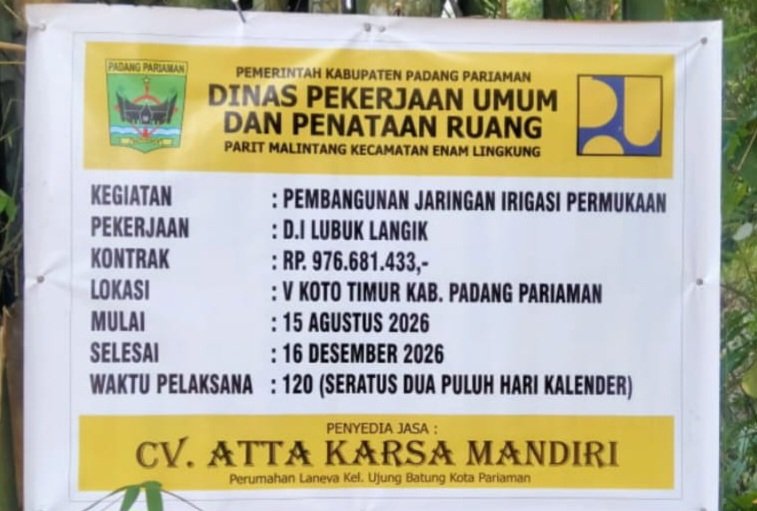Proyek Irigasi Lubuk Langik Rp976,6 Juta Menuai Sorotan Tajam Publik